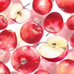 Apples, whole and half, red freshly picked ripe fruits hand drawn watercolor illustration isolated on white. Juicy seamless pattern for garden, autumn, kitchen, food design, textile, prints, wallpaper