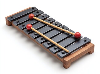 A small, wooden xylophone with black keys and two mallets with red spheres