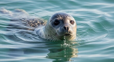 Fototapeta premium Curious Seal Swimming in Tranquil Blue Ocean Waters.