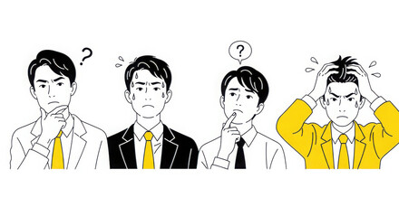 Four businessmen expressing confusion and frustration with question marks and stressed gestures isolated on white background