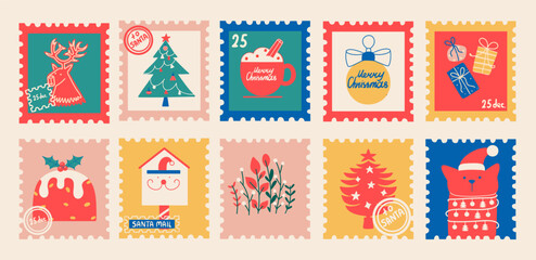 Christmas stamps with vintage elements, mailbox, cat, wreath, reindeer and gifts. New Year hand-drawn vector set. Retro Xmas cards.