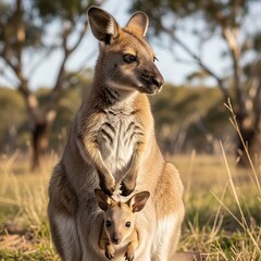 Fototapeta premium Wallaby Mother and Joey in Australian Outback Sunlight.