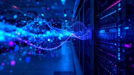 A mesmerizing display of digital data flowing through a server room, showcasing technological advancement