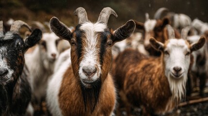 Fototapeta premium Goats in a herd, close up, various colors and patterns, looking at the camera.