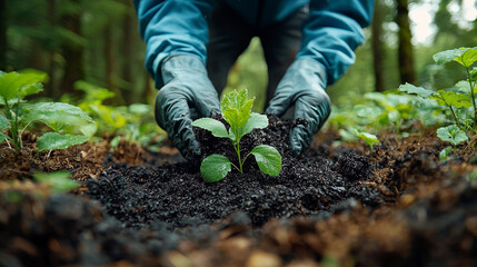 Environmental scientists studying biochar in forest soil Generative AI