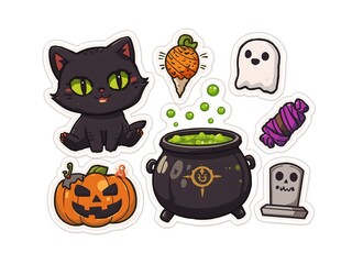 Fototapeta premium Halloween themed Stickers pack, featuring a cute black cat and various related illustrations. The pack contains spooky elements such as a jack-o-lantern and a cauldron