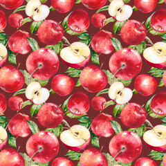 Apples, whole and half, freshly picked ripe fruit with leaves hand drawn watercolor illustration isolated on dark red. Juicy seamless pattern for kitchen, rustic, food design, fabric, wallpaper, print