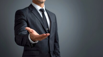 a professional in a suit extends his hand, offering a gesture of invitation or assistance