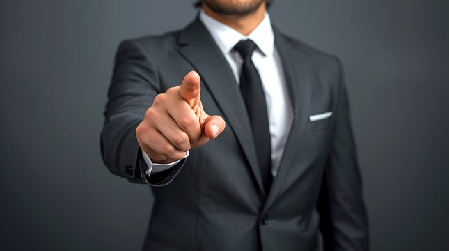a businessman in a suit pointing his finger directly towards the viewer, conveying a sense of decision-making and direction