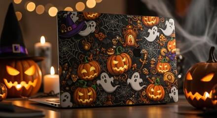 Halloween themed laptop with spooky decorations and glowing pumpkins.