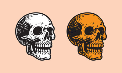 Skull illustration with bold lines, vintage engraving style, horror, gothic, and tattoo design.