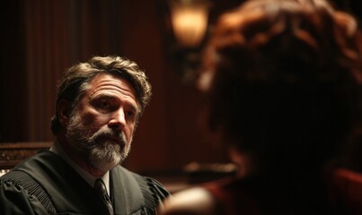 Fototapeta premium Judge in Courtroom - Serious Expression, Legal Proceedings, Justice.