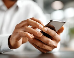 African American man using smartphone with focused expression, showcasing modern technology in a bright workspace, emphasizing communication and connectivity
