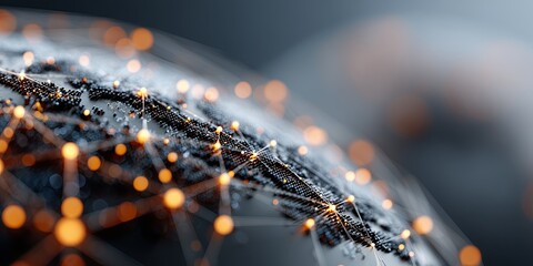 Abstract digital globe with interconnected nodes and glowing lines, representing global connectivity and technology in a modern, high-tech environment