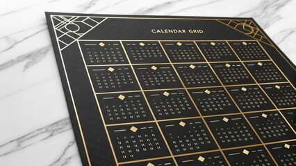 Elegant black calendar design with art deco accents and gold detailing