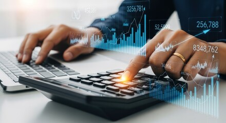 Closeup of a person using a calculator and laptop with financial data overlaid on top of it