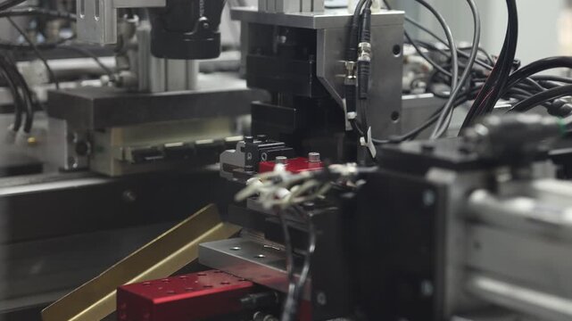 Close-up of an industrial robotic system featuring a gripper, sensors, and automated mechanical components on a production line. No visible branding or logos