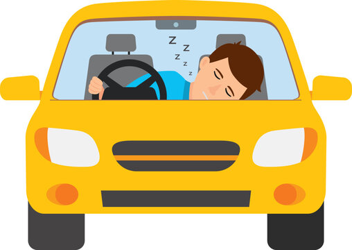 A man driver falls asleep while driving a vehicle. A male driver dozing at the wheel of a car. Danger of Drowsy Driving, Unsafe driving, Dangerous behavior concept. Vector illustration