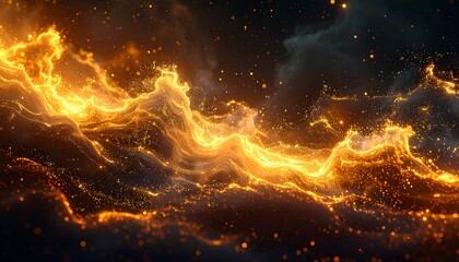 Abstract swirling fiery landscape with glowing, golden energy against a dark, smoky backdrop and scattered shimmering particles