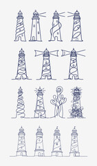Lighthouse Continuous Line Art Set. Simple One Line Drawing Coastal Landmark Vector Illustrations on White Background.