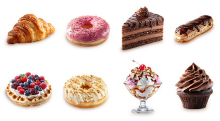 Assorted dessert collection, variety of sweet treats set, pastries, croissant, waffles, chocolate cake, sundae. Colorful and appetizing dessert, gourmet desserts isolated on white background.