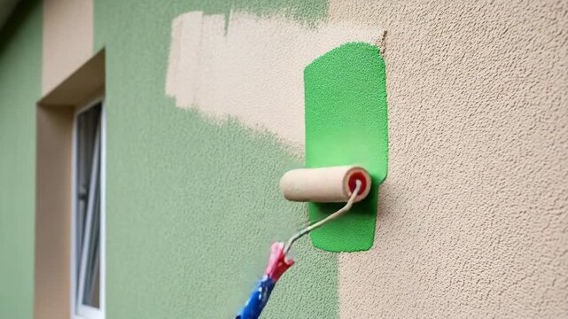 Painting exterior wall with a roller, closeup shot
