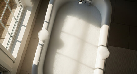 Classic Bathtub with Window Light and Minimal Soap Bubbles
A high-angle, close-up shot of a classic, clean white bathtub, emphasizing its elongated shape and smooth interior