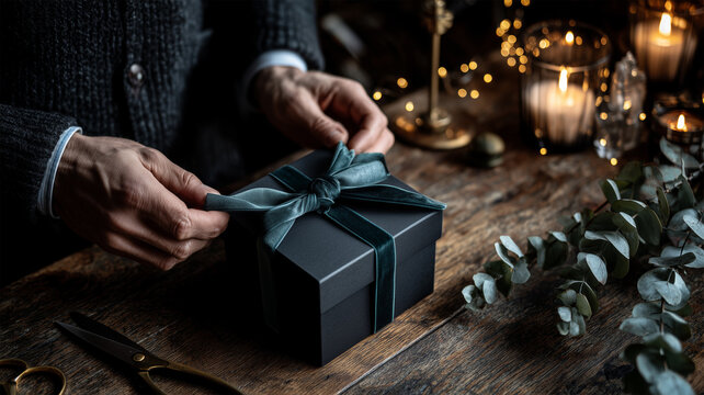 男性が木のテーブルで黒い箱に緑のベルベットのリボンを結ぶ夜