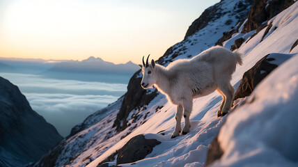 Mountain goat stands on a snowy rocky slope with a soft sunrise sky