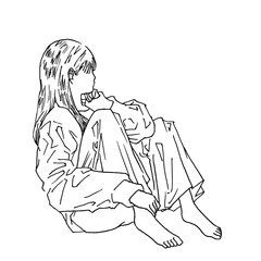 座ってイヤフォンをしながら車窓を見る女性（mono、jpg）