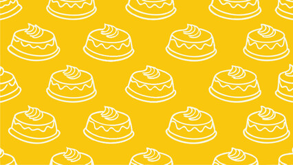Bright seamless pattern with hand drawn style cake illustrations on yellow background