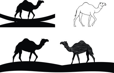 Camel silhouette vector illustration walking on desert dunes, wildlife animal art design for travel, adventure, and nature themed artwork