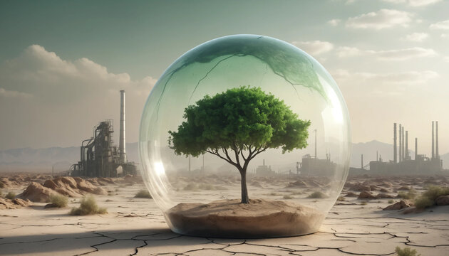 Arbre enferm&eacute; dans une bulle de verre au milieu d&rsquo;un d&eacute;sert pollu&eacute;, symbole de la protection de la nature face &agrave; la destruction environnementale