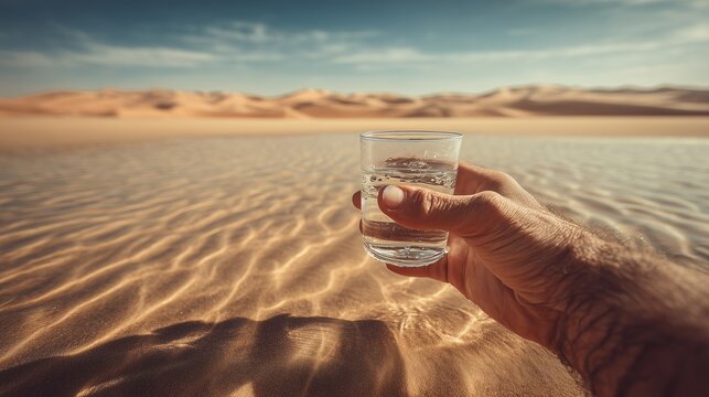 Hand holding glass of water in desert landscape with sand dunes and clear blue sky
