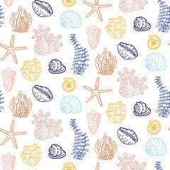 pattern with elements of marine life. Delicate, diverse contoured coral, shell, starfish and seaweed in flat style. Perfect for textile design, wallpaper, wrapping paper, summer theme or beach