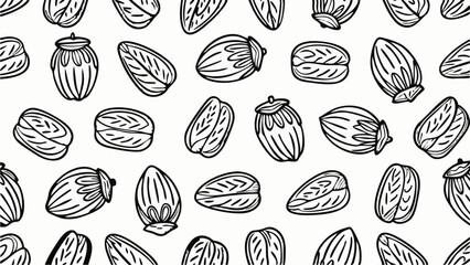Elegant black and white sketch pattern featuring stylized almonds and dates on white background