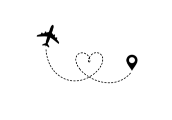 Airplane flying on a dotted line forming a heart shape to a location pin isolated on transparent background