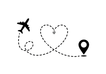 Airplane flying on a dotted line forming a heart shape to a location pin isolated on transparent background