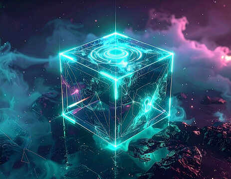 Luminescent cube with abstract circuitry floats above rocky, misty landscape