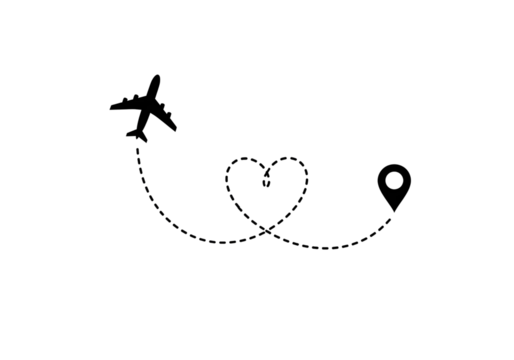 Airplane flying on a dotted line forming a heart shape to a location pin isolated on transparent background