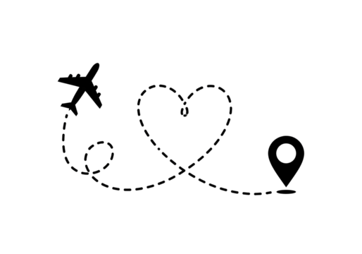 Airplane flying on a dotted line forming a heart shape to a location pin isolated on transparent background
