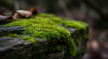 Lush Green Moss Growing on a Rock Surface in Nature.