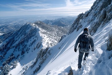 Hiker Ascends Snowy Mountain Ridge with Scenic Valley View