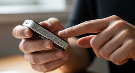 Close-up view of hands holding and interacting with a smartphone device showing detailed texture.