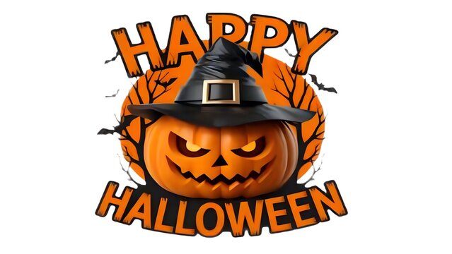 Ab&oacute;bora de Halloween com sorriso sinistro, olhos iluminados e chap&eacute;u de bruxa preto com fivela prateada, fundo com &aacute;rvores sombrias e texto festivo em laranja. Atmosfera assustadora e vibrante.