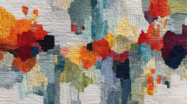 Abstract textile art with textured blocks of color