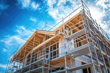 Under construction house with scaffolding against a partly cloudy sky.