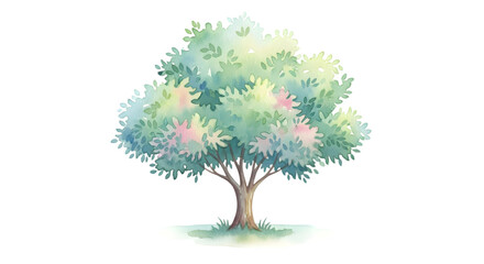 Fototapeta premium Soft Watercolor Tree with Pastel Green, Pink, and Blue Leaves, Dreamy Nature Illustration
