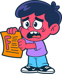 Cartoon student is sad and upset about failing test with a big red F grade