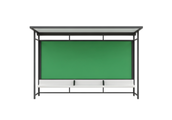 Modern bus stop shelter with green advertising panel isolated on transparent background